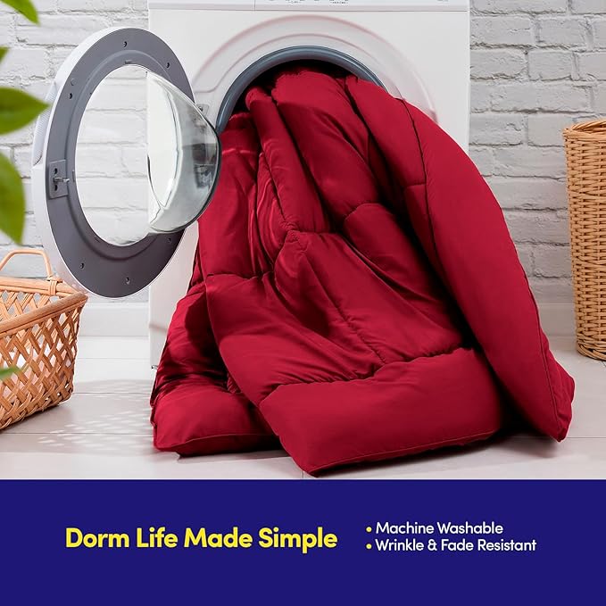 Dorm Room Essentials College Bedding Comforter Set 5 Piece Twin XL Size Bed in a Bag for College Students Boys and Girls, Twin XL, Red