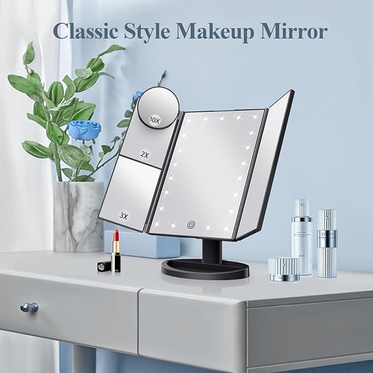 HUONUL Makeup Mirror Vanity with Lights, 2X 3X 10X Magnification, Touch Control, Trifold Mirror, Dual Power Supply, Gifts for Women, Wife, Mom, Teengirls(Black)