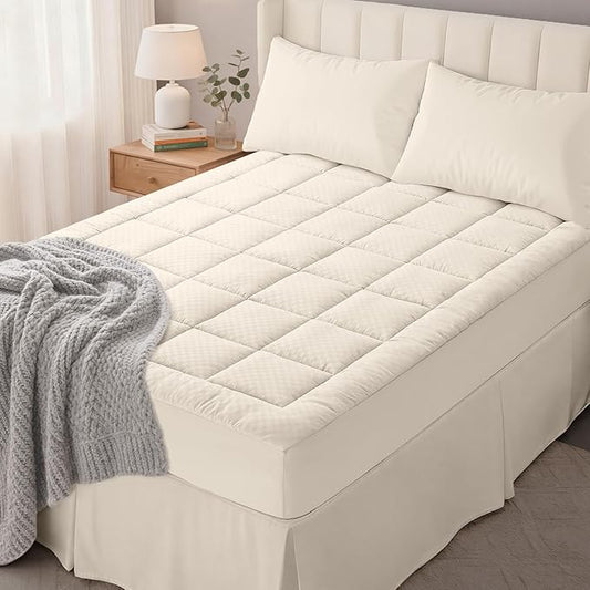 OLANLY Twin XL Quilted Fitted Mattress Pad – Soft Pillow Top Mattress Topper, Down Alternative Fill, Cooling Comfort Breathable Mattress Cover, Machine Washable Deep Pocket Mattress Protector, Ivory