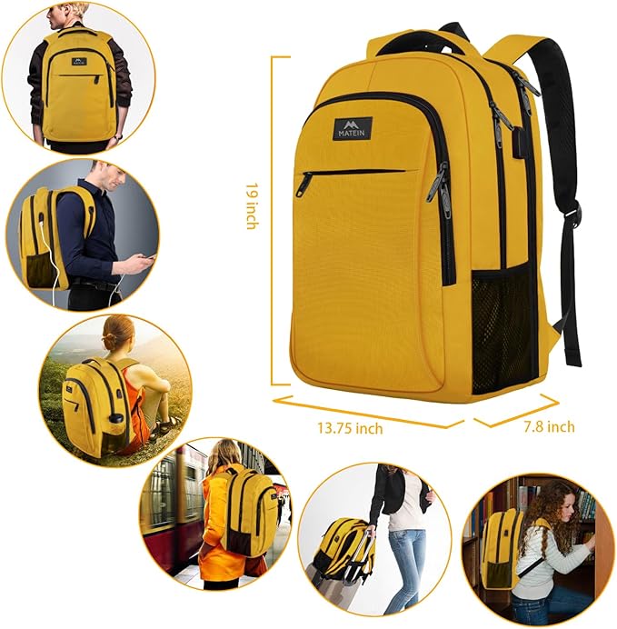 MATEIN College Backpack, Extra Large TSA Friendly Carry On 17.3 Inch Laptop Backpack with USB Charging Port, Anti Theft Flight Approved Business Work Travel Computer Backpack Bagfor Women Men, Yellow