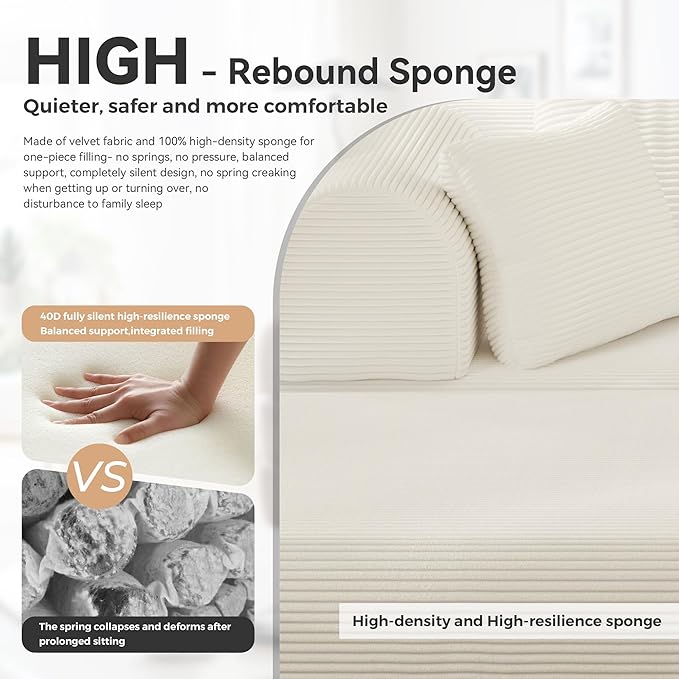 Upgrade High Backrest Design Sofa Bed with Fixed-Shape Frame & Removable Armrests and Backrest, Corduroy Fabric, Convertible Mattress Couch for Small Spaces - No Assembly Neede (High Backrest Beige)