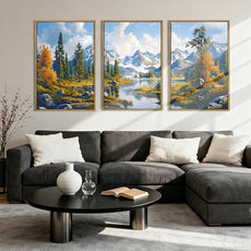 BINCUE Framed Mountain Landscape Wall Art Nature Forest Wall Decor Tree and River Art Print for Living Room Bedroom Office 16x24 Inches Set of 3