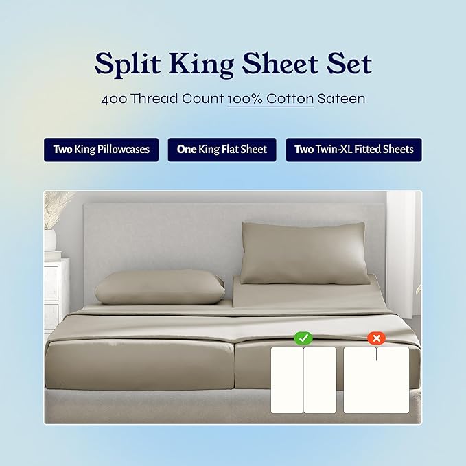 California Design Den Split King Sheets Sets for Adjustable Bed - Soft 100% Cotton Sheets, 400 Thread Count Sateen, Deep Pockets, Durable Bedding - Taupe