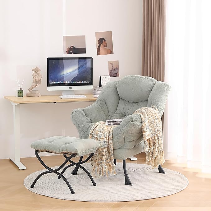 Tiita Lazy Chair with Ottoman, Modern Large Accent Lounge Armchair, Comfy Leisure Sofa Reading Chair with Footrest for Bedroom, Living Room, Dorm Rooms, Garden and Courtyard, Plush Green