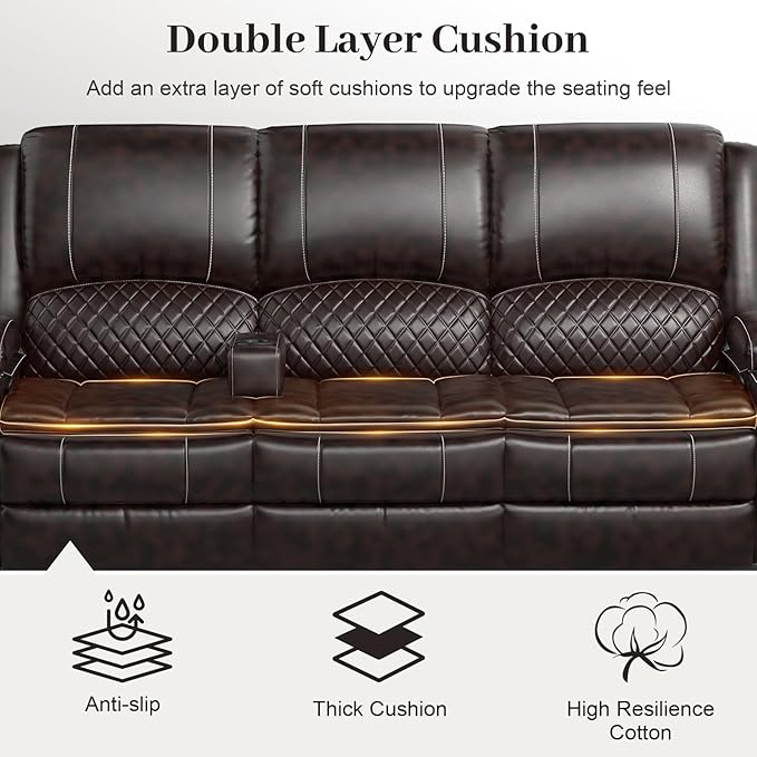 3-Seater Recliner Sofa, Manual Reclining Couch with Multi-Functional Middle Seat, Reclining Sofa for Living Room with Hidden Storage Space, Cup Holders, and Removable Console - PU Brown