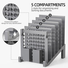 File Organizer for Desk with Storage Box & Hook, Inclined File Organizer with 5-Section Vertical File Holder suitable for Home Office Document Organization (Desk Gray)