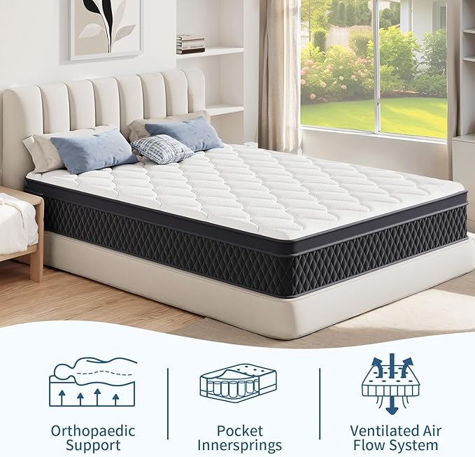 Queen Mattress, 12 Inch Hybrid Memory Foam Mattress in a Box, Pressure Relief, Pocket Springs for Motion Isolation, Medium Firm Support, CertiPUR-US Certified, Fiberglass Free