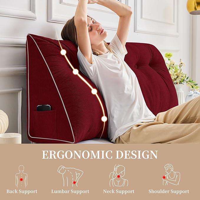 Sasttie Headboard Pillow Full, Wedge Pillow Headboard for Sitting Up in Bed, Back-Rest Support Triangular Cushion for Reading - Features Removable Washable Cover, Wine