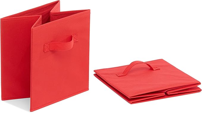 Amazon Basics Cube Organizer Storage Bins Handles, Collapsible Fabric, 10.5"x10.5"x11", Red (Pack of 30)