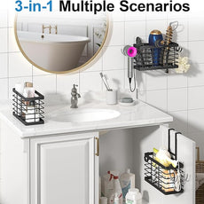 Hair Tool Organizer, 3-in-1 Universal Hair Dryer Holder, Adjustable Height Metal Blow Dryer Holder Wall Mounted/Over Cabinet Door/Free-Standing (Black)
