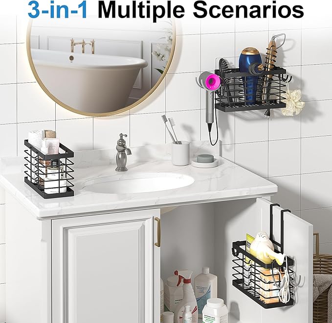 Hair Tool Organizer, 3-in-1 Universal Hair Dryer Holder, Adjustable Height Metal Blow Dryer Holder Wall Mounted/Over Cabinet Door/Free-Standing (Black)