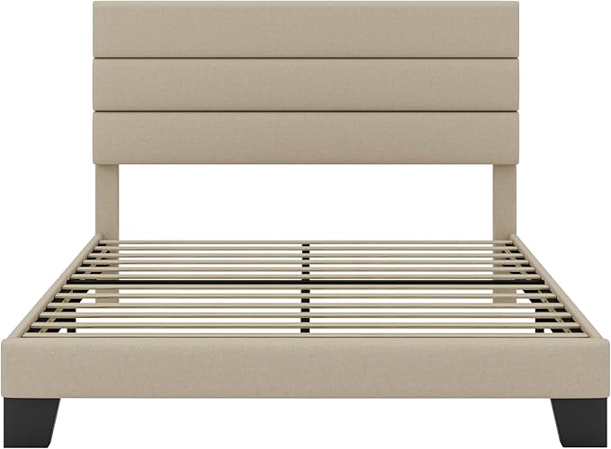 SHA CERLIN Queen Platform Bed Frame with Upholstered Fabric Headboard, Mattress Foundation with Strong Wooden Slats Support, No Box Spring Needed, Beige