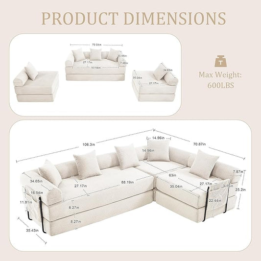 106" Oversized Convertible Sleeper Sofa Bed, Corduroy L Shape Sectional Couch, Folding Sofa Bed with Side Pocket, Modern Cloud Floor Mattress Couch, Modular Sofa for Living Room, Beige