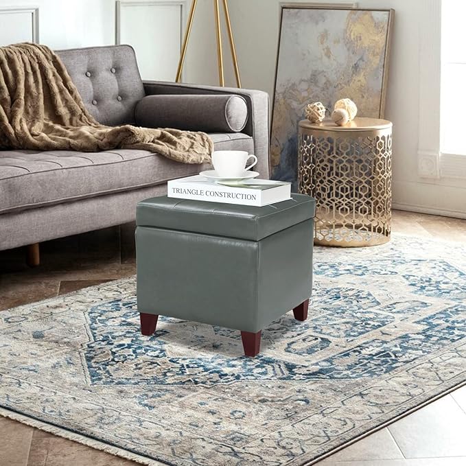 18x18 Faux-Leather Square Storage Ottoman with Hinged Lid Padded Lift Top Footstool, Grey Cement