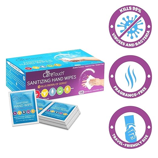 Care Touch Hand Sanitizer Wipes - 110 Hand Wipes Individually Wrapped - Travel Size - Sanitizing Wet Wipes for Home, Office & Outdoor Use