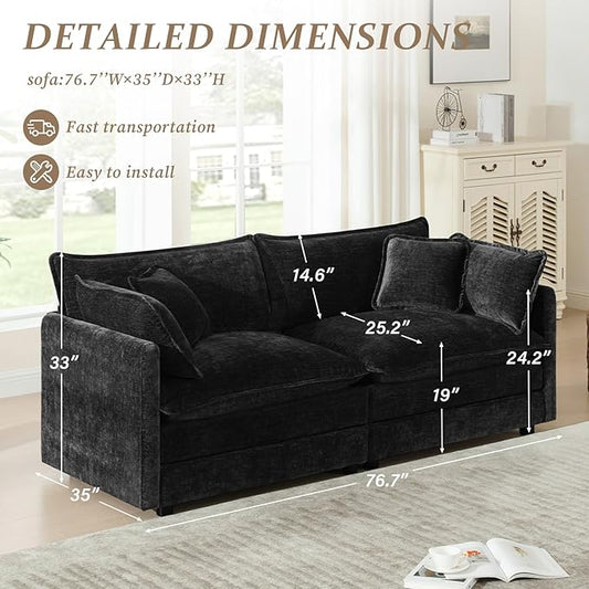 SoarFlash Chenille Sectional Sofa, Comfy Modular Loveseat Sofa, Modern 2-Seat Couch Deep Seat Sofa Set for Living Room,Black
