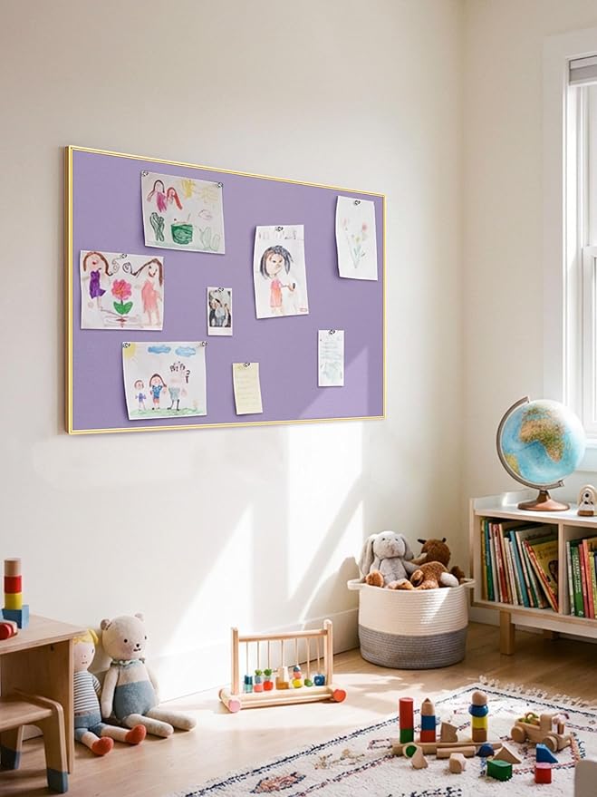 Bulletin Board 30 x 20 inches, Mystic Violet Pin Board, Golden Aluminum Framed Fabric Cork Board with 10 Push Pins