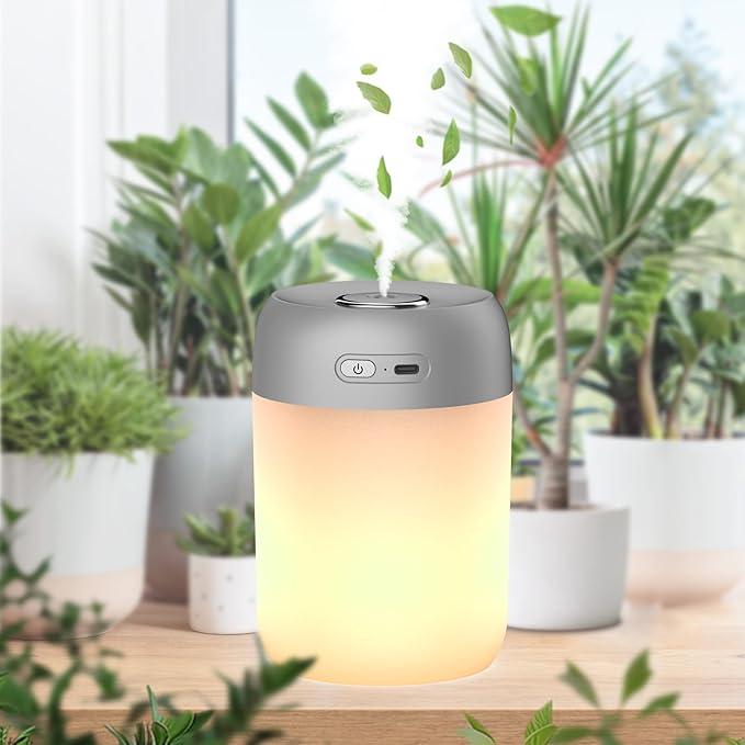 Night Lights Humidifiers For Bedroom, USB Rechargeable, LED Lights For Bedroom,4 Mode Portable Humidifier Fit For Various Scenarios,<28dB, Auto Shut-off, Ideal For Home Travel Plants(Gray）