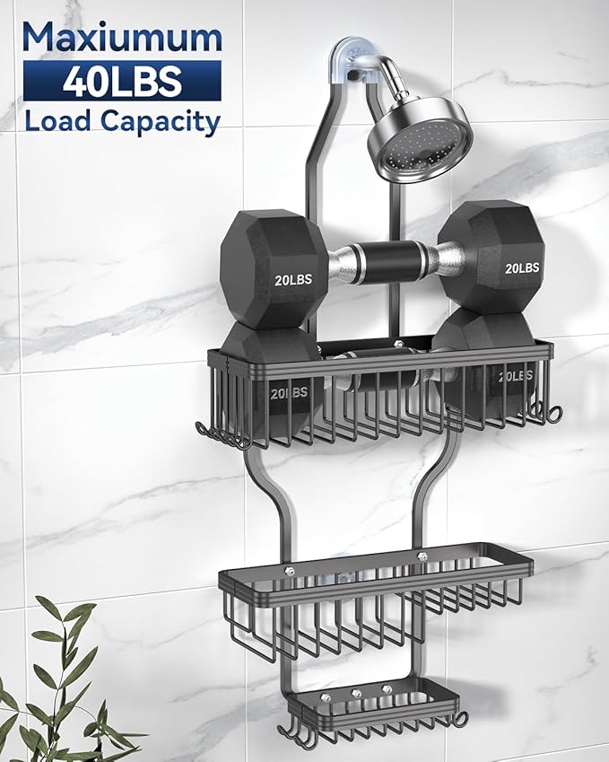 YASONIC Shower Caddy Hanging - Never Rust Organizer - Aluminum over The head caddy with 10 Hooks for Razor/Sponge - Shower Rack with Soap Basket - Grey