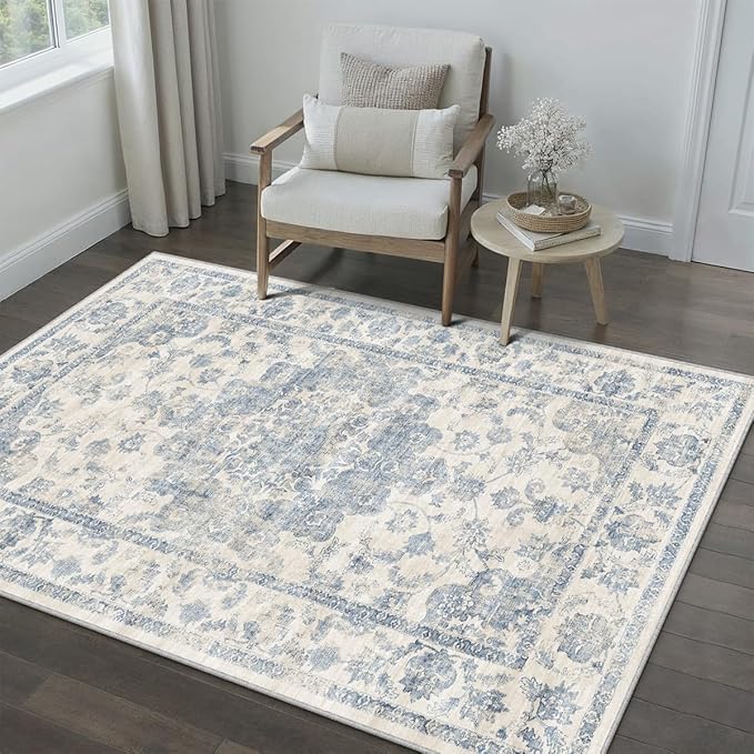 3x5 Washable Neutral Area Rug Blue Vintage Entryway Office Carpet Non-Slip Soft Low Pile Floral Throw Rug for Entrance Living Room Bathroom Dining Room