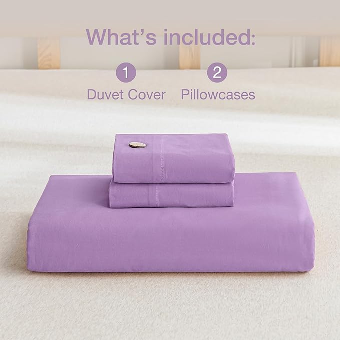 JELLYMONI Cotton Duvet Cover King Size - Light Purple Comforter Cover with Button 100% Washed Cotton 3PCS Breathable Soft Solid Bedding Set Duvet Cover 104×90in & 2 Pillowcases (NO Comforter)