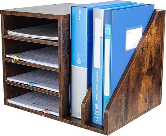 PAG Wood Desktop File Holder Organizer Mail Sorter for File Folders, Mails, Envelopes, Mailing Supplies or Magazines, Brown