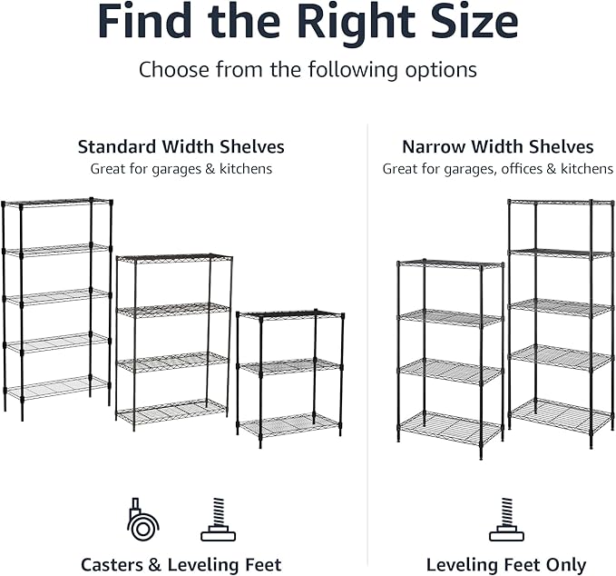 Amazon Basics 3-Shelf Adjustable, Heavy Duty Storage Shelving Unit on 2'' PP Plastic Wheel Casters, Metal Organizer Wire Rack, 23.2" L x 13.4" W x 32.75" H, Black