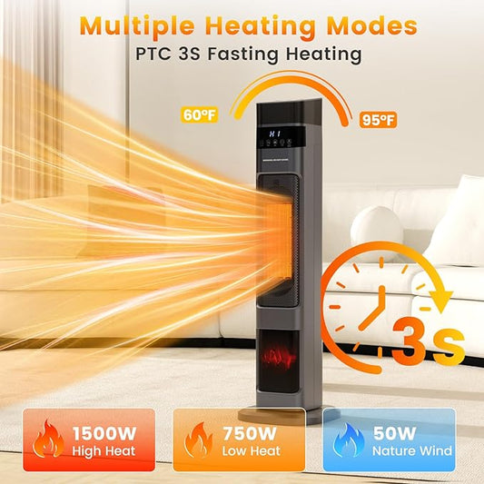 VCJ 31" Space Heaters with Humidifier, 12H Timer Electric Heater for Indoor Use, Remote, 120° Oscillation, Overheat & Tip-Over Protection, Quiet Portable Tower Heater for Bedroom Living Room Garage