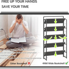 4NM No Assembly Extra Wide 5 Tiers Folding Bookshelf Storage Shelves Vintage Bookcase Standing Racks Study Organizer Home Office (All Black)