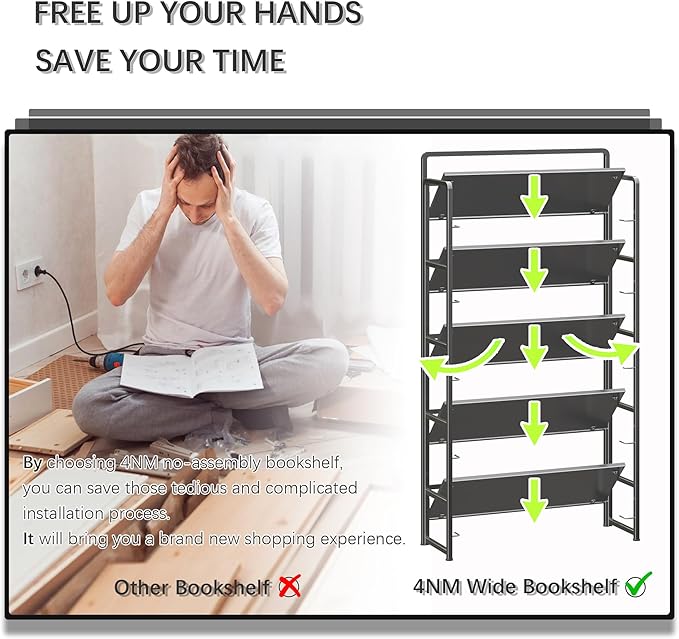 4NM No Assembly Extra Wide 5 Tiers Folding Bookshelf Storage Shelves Vintage Bookcase Standing Racks Study Organizer Home Office (All Black)