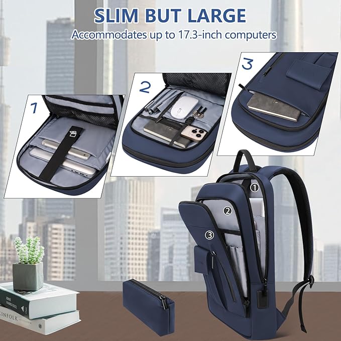 Business Backpack for Men Slim Lightweight Laptop Backpack for 17.3 Inch Computer Water Resistant Small Office Backpack for Commute Travel Daily Office Work with Small Bag (Blue)