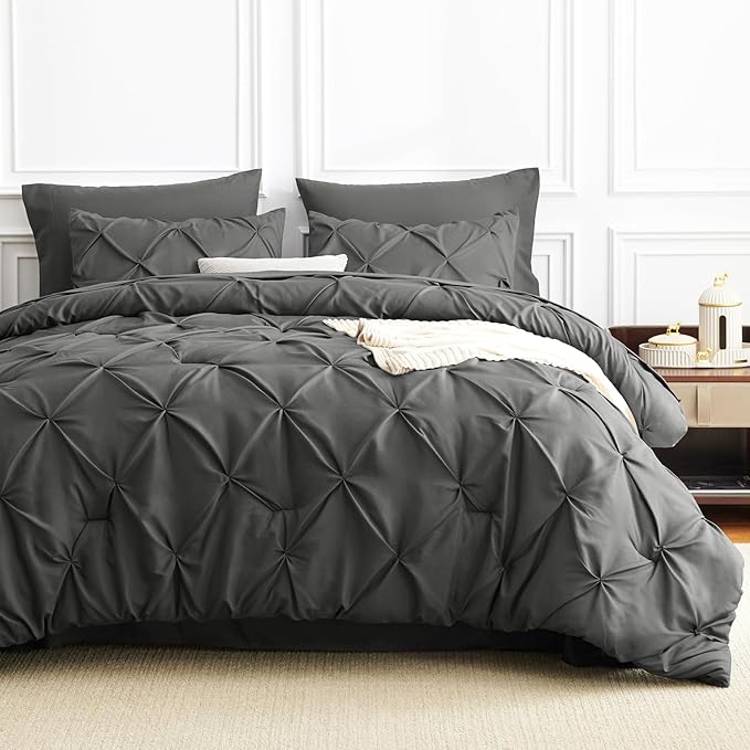 CozyLux King Size Comforter Set Dark Grey, 7 Pieces Pintuck Bed in A Bag Gray Comforter King Size, Pinch Pleat Bedding Set with All Season Comforter, Sheets, Pillowcases & Shams