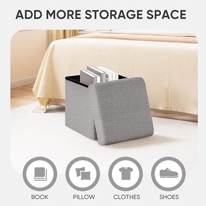 PINPLUS Storage Ottoman Cube Square Shaped Ottomans with Storage Foot Stool Footrest for Lving Room Boucle Ottoman Seat for Dorm Room,Faux Teddy Fur Grey,15"x15"x15"