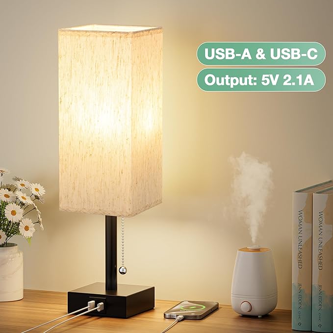 aooshine Pull Chain Small Table Lamp - 3 Color Temperature Bedside Lamp for Bedroom with USB Port, Minimalist Nightstand Lamp with Black Base, Desk Lamp for Kids Room Dorm, Bulb Included