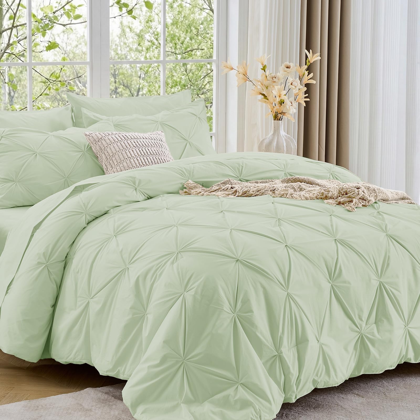 Sasttie Twin XL Comforter Set, 5-Piece Bed in a Bag, Pintuck Bedding Sets for All Season, Includes Comforter, Flat Sheet, Fitted Sheet, Pillowcase and Pillowsham, Beige