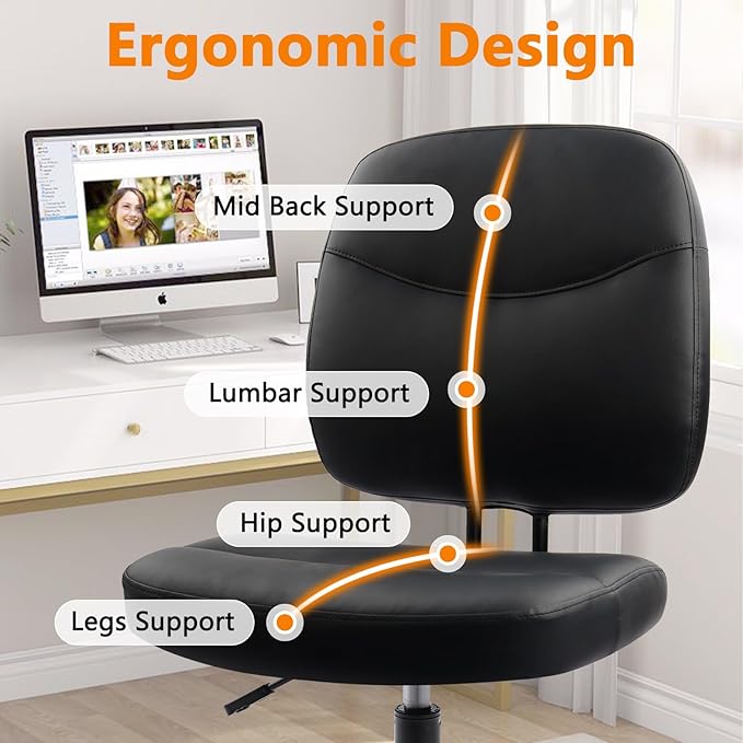 CLATINA Armless Home Office Chair, Small PU Leather Ergonomic Low Back Desk Chair with Lumbar Support and Wheels, Adjustable Height 360° Swivel Rolling Computer Task Chair, Black, 4 Pack