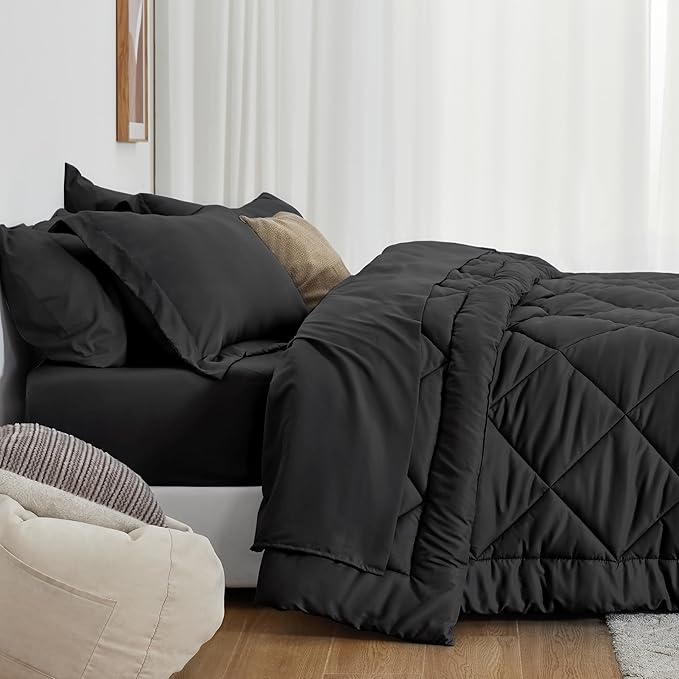 Love's Cabin Oversized Queen Comforter Set, 7 Pieces Queen Bed in a Bag, All Season Bedding Sets with 1 Comforter, 1 Flat Sheet, 1 Fitted Sheet, 2 Pillowcase and 2 Pillow Sham, Black