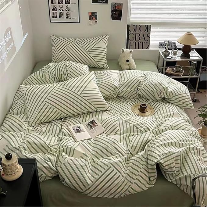 VM VOUGEMARKET Cotton Duvet Cover Set Queen,Green Stripes Geometric Bedding Set (1 Stripes Duvet Cover+2 Pillowcases) Simple Modern Men Comforter Cover with Zipper Closure