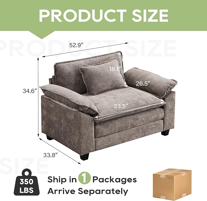 Modular Sectional Sofa, Comfy Cloud Couch Sectional Sofa, Chenille Sofa Sleeper Deep Seat Sofa with Throw Pillows for Living Room (Light Gray, 53"- Single Seat)