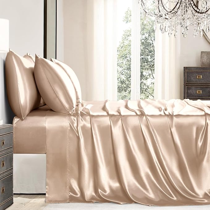 Satin Sheets Queen Size - 6 Pieces Luxury Silky Soft Bed Sheets, Wrinkle-Free Champagne Satin Silk Sheet Set with 1 Deep Pocket Fitted Sheet, 1 Flat Sheet, 4 Pillow Cases