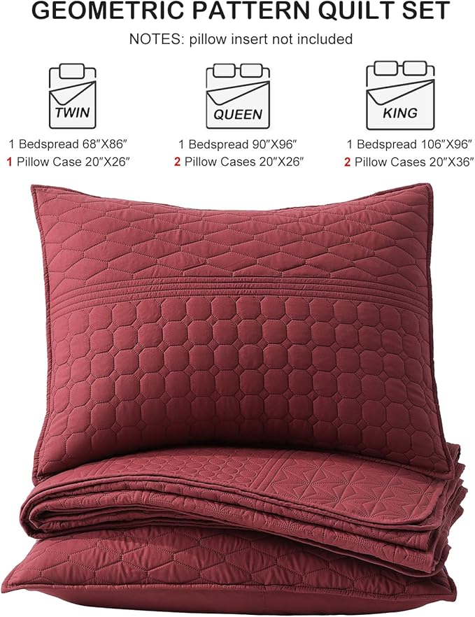 HORIMOTE HOME Burgundy Red Queen Size Quilt Set - Soft Microfiber Bedspread with 2 Shams, Lightweight & All-Season Geometric Coverlet for Cozy Bedding