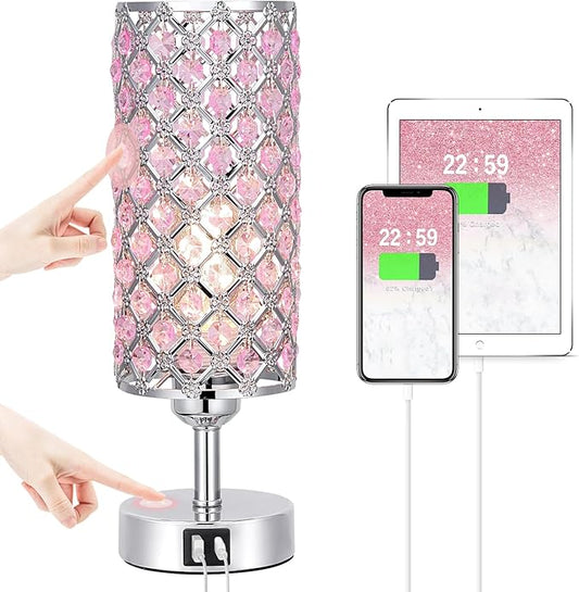 Crystal Table Lamp, Pink Touch Lamp with USB C+A Ports, 3 Way Dimmable Bedroom Light with Crystal Shade, Bedside Nightstand Small Lamp for Girl Bedroom, Living Room(Buld Included)