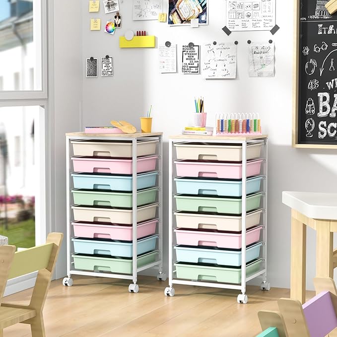 Rolling Storage Cart with Drawers,Utility Cart With 8 Drawers and Wooden Tabletop,Rolling Drawer Cart,Storage Drawer Cart for Living Room,Classroom,Bedroom,Bathroom,Dorm,Office,Rainbow
