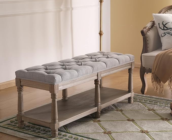 chairus Shoe Rack Bench Storage Vintage Bedroom Padded Bench Seat End of Bed, Fabric Tufted Farmhouse French Entryway Bench with Wood Legs for Hallway Foyer, Gray
