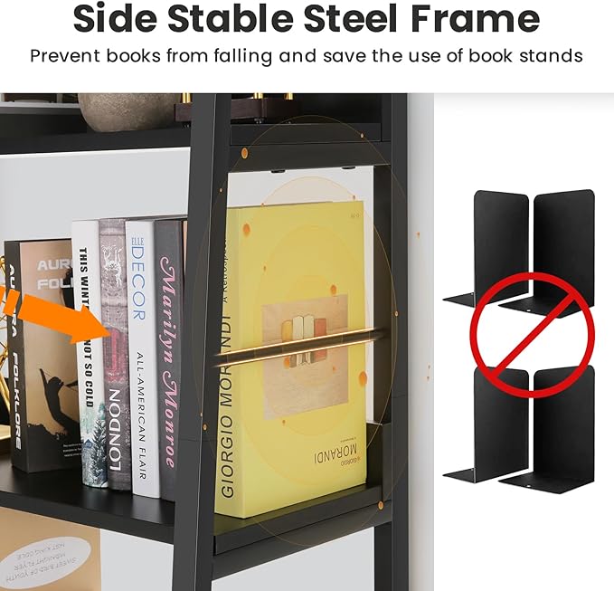 Himimi Black Ladder Bookshelf, 5 Shelf Bookcase Industrial Bookshelf Wood and Metal Bookshelves, Plant Flower Stand Rack Book Storage Shelves for Living Room, Bedroom, Home Office (2 PCS)