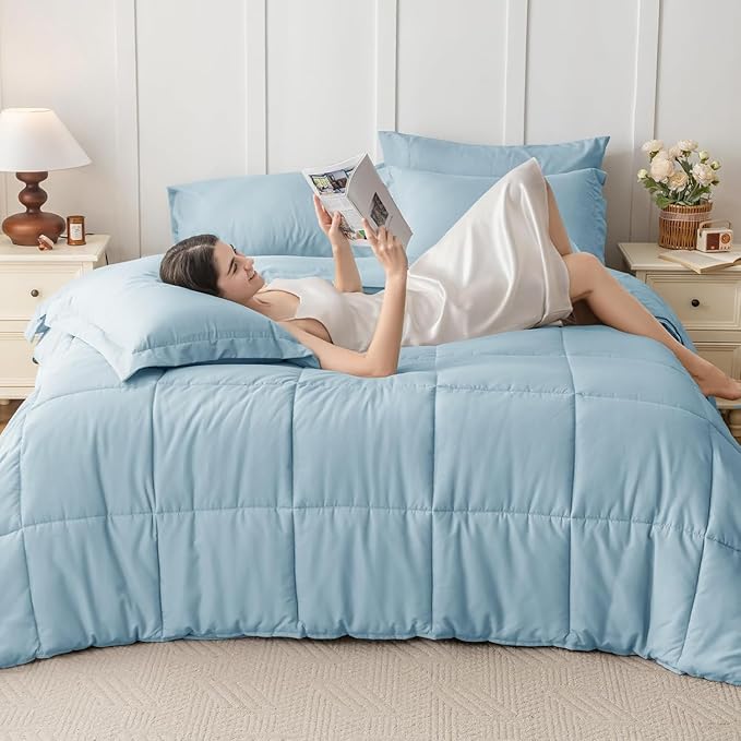 JOLLYVOGUE Full Comforter Set, Ultra-Soft Bed in a Bag Full Size 7 Pieces, Oeko-TEX Certified Bedding Set with Down Alternative Comforter, Sheets, Pillowcases & Shams, Lake Blue