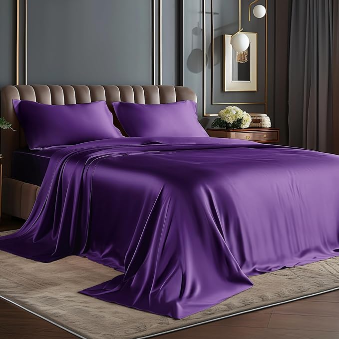 BEDELITE Satin Sheets Queen Size Bed Set, Luxury Soft Plum Purple Sheets for Hair and Skin, Similar to Silk Bed Sheets Set 4 Pieces with 1 Deep Pocket Fitted Sheet, 1 Flat Sheet, and 2 Pillowcases