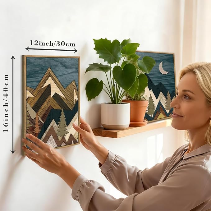 BINCUE Boho Mountain Wall Art Framed Landscape Wall Decor Modern Nature Artwork for Bedroom Living Room Office 12" Lx16 W Set of 3