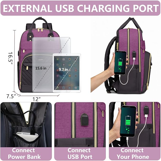 Laptop Backpack for Women Work Bag - 15.6 inch Travel Backpack with USB Charger Business Computer Backpacks for Work College Back pack for Teacher Casual Waterproof Bookbag for Nurses Purple