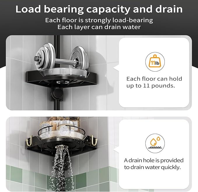 Corner Shower Caddy Tension Pole, 4 Tiers Rotating Shower Organizer for Bathroom Shelf Bathtub, Adjustable Standing Shower Rack Bathroom Accessories, Easily Assemble, 34-124 Inch Height,Black